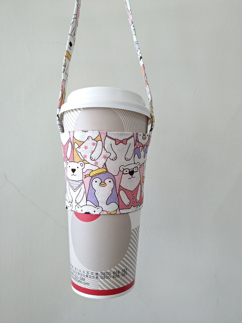 饮料杯套 环保杯套 手摇饮料袋 咖啡袋 手提袋-企鹅与北极熊 粉红 - 随行杯提袋/水壶袋 - 棉．麻 
