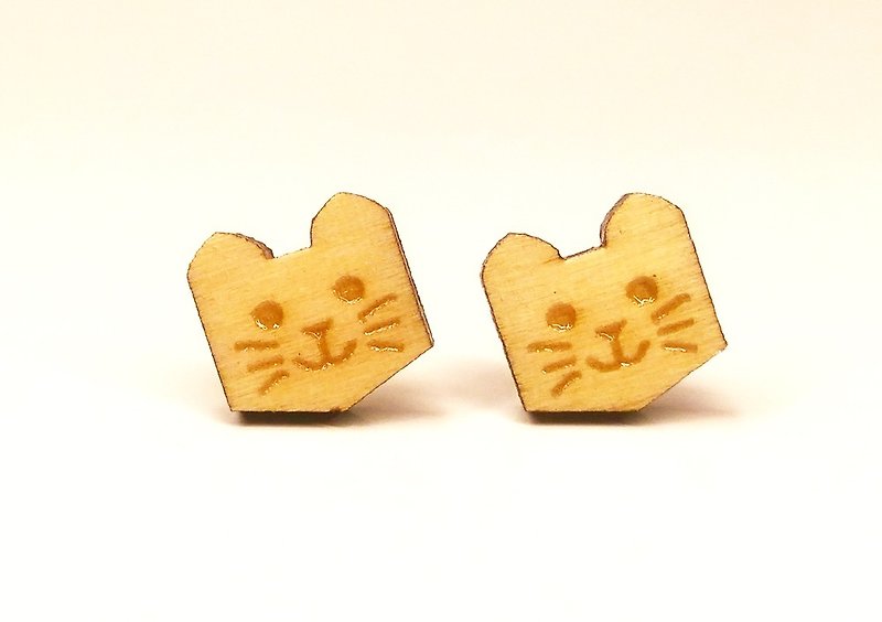 【微笑猫】素色贴式木耳环 - 耳环/耳夹 - 木头 