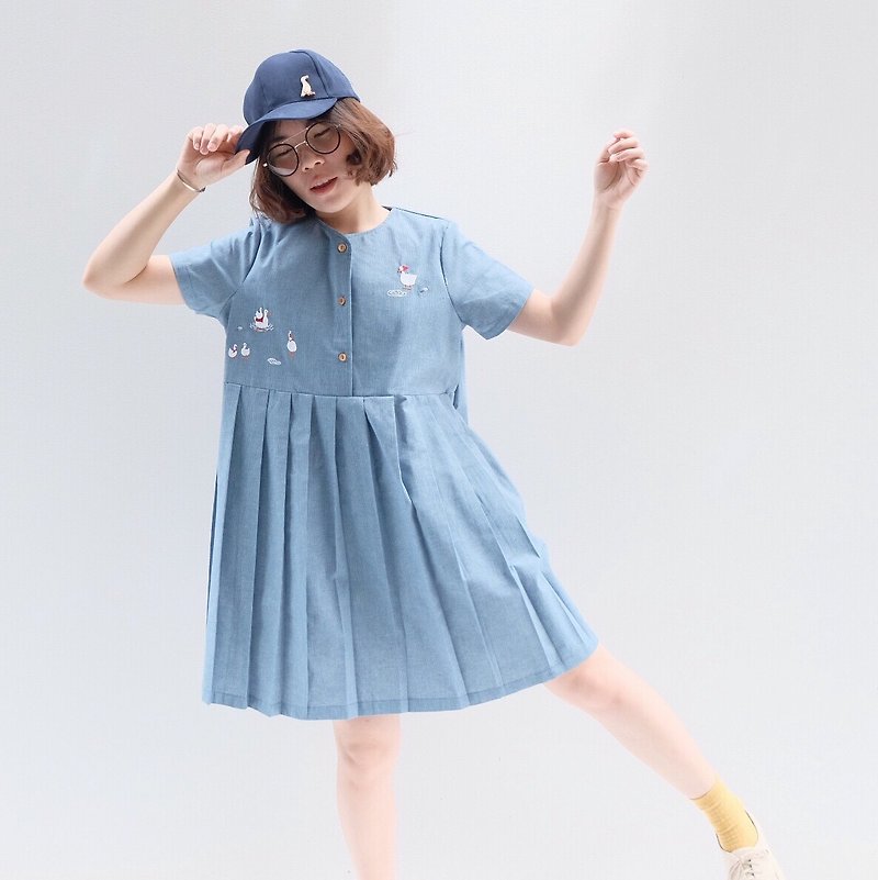 MuMu Dress - "duck village" theme (Blue Color) - 洋装/连衣裙 - 棉．麻 蓝色