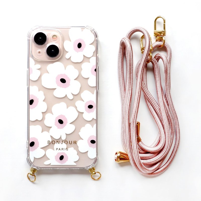 iPhone15/14/13 法式甜粉小花棉绳背带手机壳 - 手机壳/手机套 - 塑料 粉红色