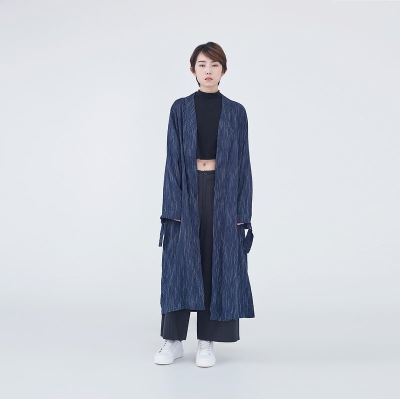 TRAN - 长版和式外套 - 女装休闲/机能外套 - 棉．麻 蓝色