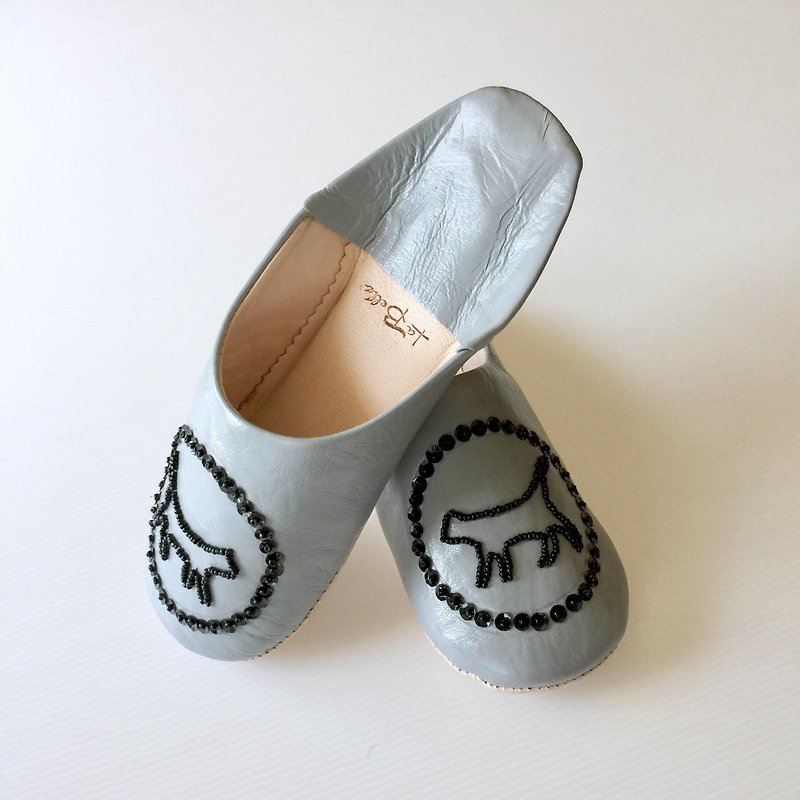 綺麗な刺繍バブーシュ　スリッパ　ガット　猫　グレー - 其他 - 真皮 灰色