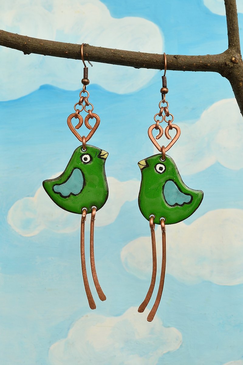 Enamel Earrings, Enamel Jewelry, Green Bird Earrings, Greenfinch, Bird Earrings - 耳环/耳夹 - 珐琅 绿色