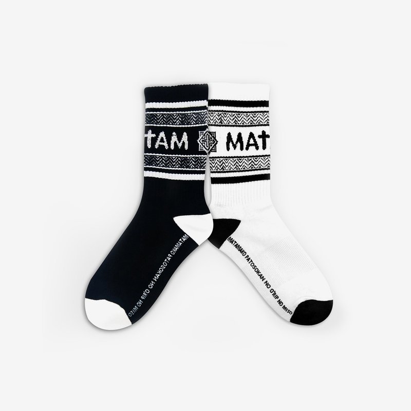 MATAMA 19 S/S Riyar 浪潮图腾 Crew Socks 黑/白 中筒袜 (两入) - 袜子 - 棉．麻 白色