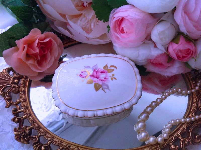英国制手绘玫瑰24 k 金骨瓷珠宝盒,饰品盒收纳盒糖果罐值得收藏 - 收纳用品 - 瓷 粉红色