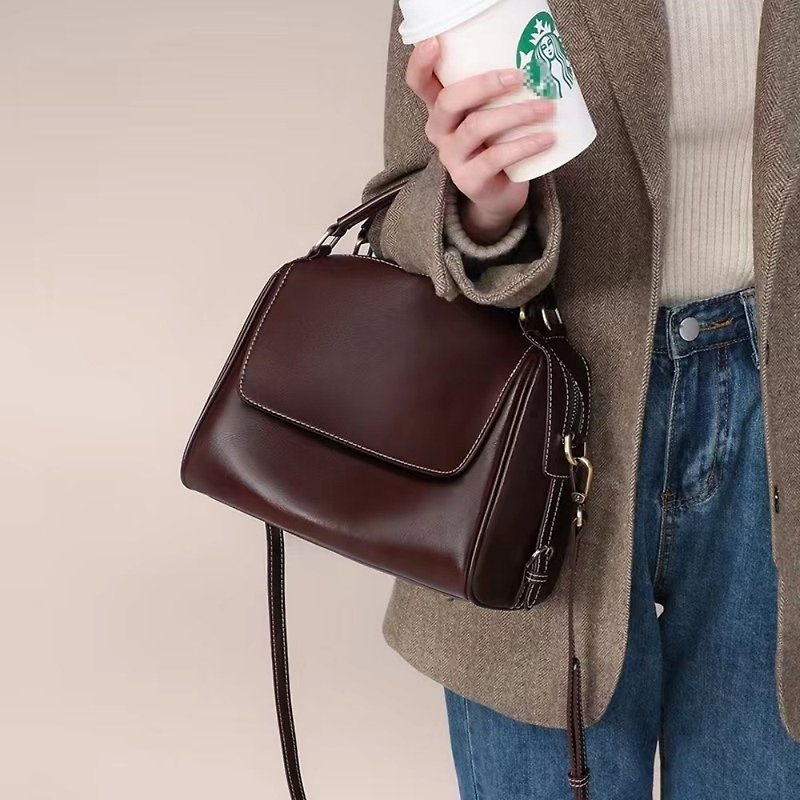 托特包 斜挎包 手提包  真皮 轻奢高级真皮包bags - 手提包/手提袋 - 真皮 咖啡色