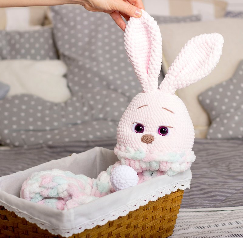 Stuffed animals bunny toy crochet first birthday gift pajama bag - 玩具/玩偶 - 其他材质 粉红色