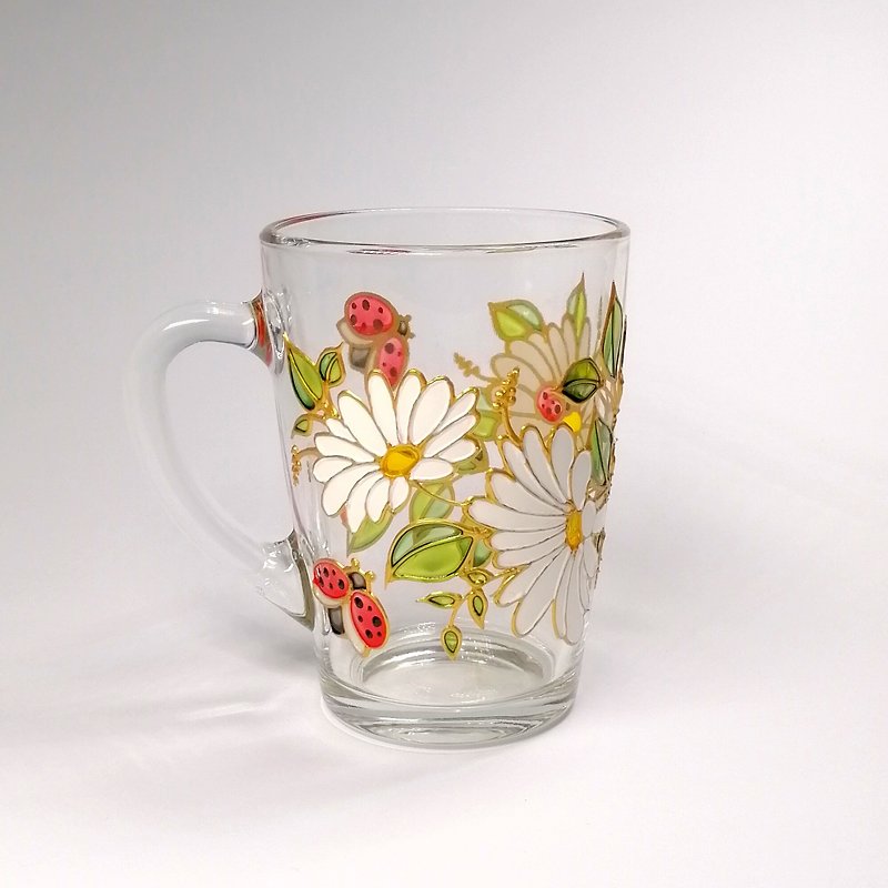 雏菊咖啡杯手绘瓢虫茶杯适合她的甘菊杯个人化 - 杯子 - 玻璃 白色