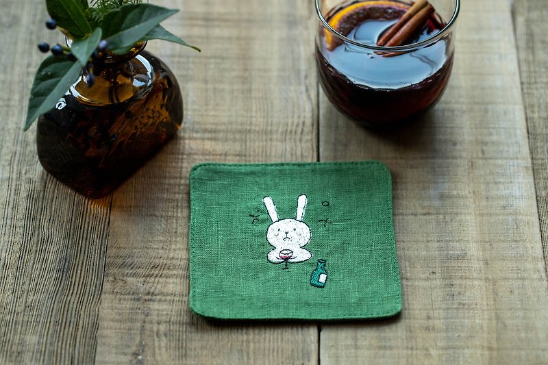 台湾野兔刺绣杯垫 绿 - 杯垫 - 棉．麻 绿色