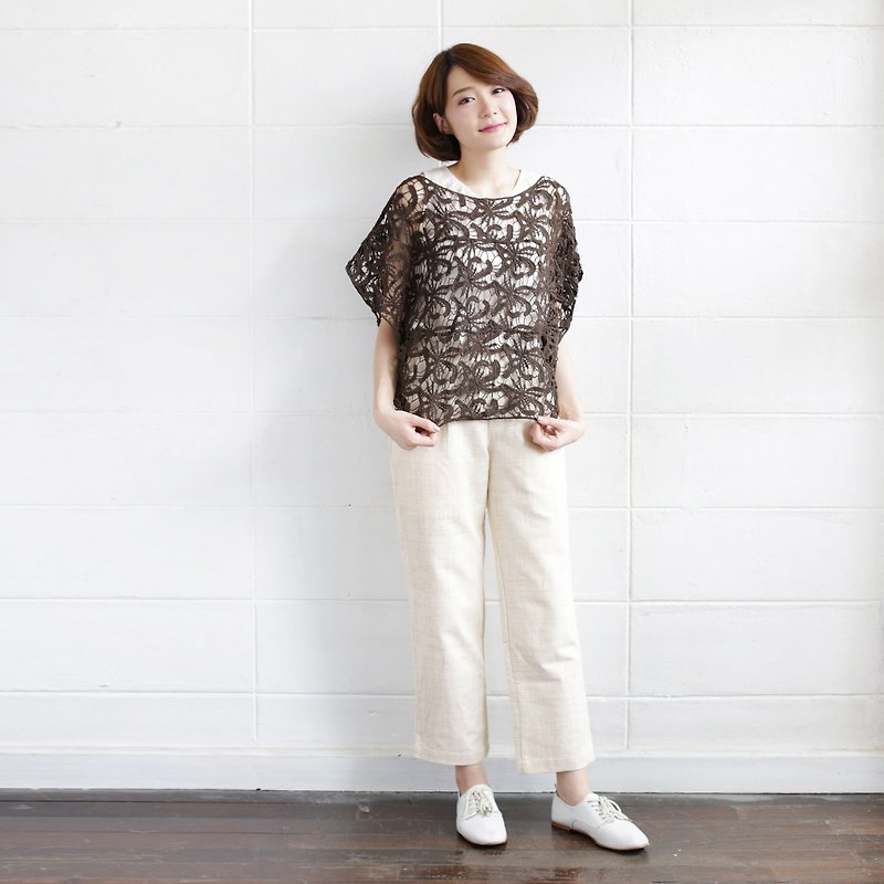 Brown Over-Size Tops Lace Cotton Ylang-ylang - 女装上衣 - 棉．麻 咖啡色