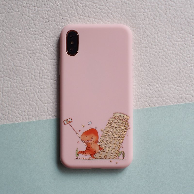 iPhone 14対応スマホケース,  自撮り恐竜とピサの斜塔, iphone 14/ 13pro , 13mini, 12 pro - 手机壳/手机套 - 塑料 粉红色