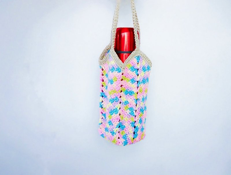 彩染苎麻手鈎通用编织袋 冰霸杯 保温瓶 梅森瓶 - 随行杯提袋/水壶袋 - 棉．麻 多色