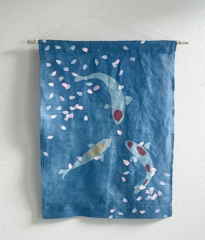 日本製 訳あり　鯉に恋する桜 Sakura Carp Tapestry cherry blossom Indigo dyed 藍染タペストリー - 墙贴/壁贴 - 棉．麻 蓝色