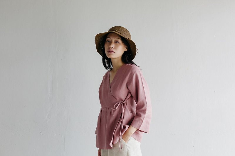 Linen wrap top with Long sleeves in Rose Wood - 女装上衣 - 棉．麻 粉红色