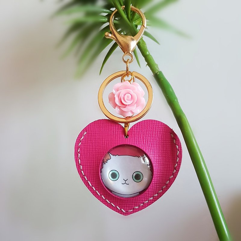 定制 毕业礼物 猫咪 真皮鑰匙圈  可刻字 放入相片 钥匙扣 鑰匙包 - 钥匙链/钥匙包 - 真皮 粉红色