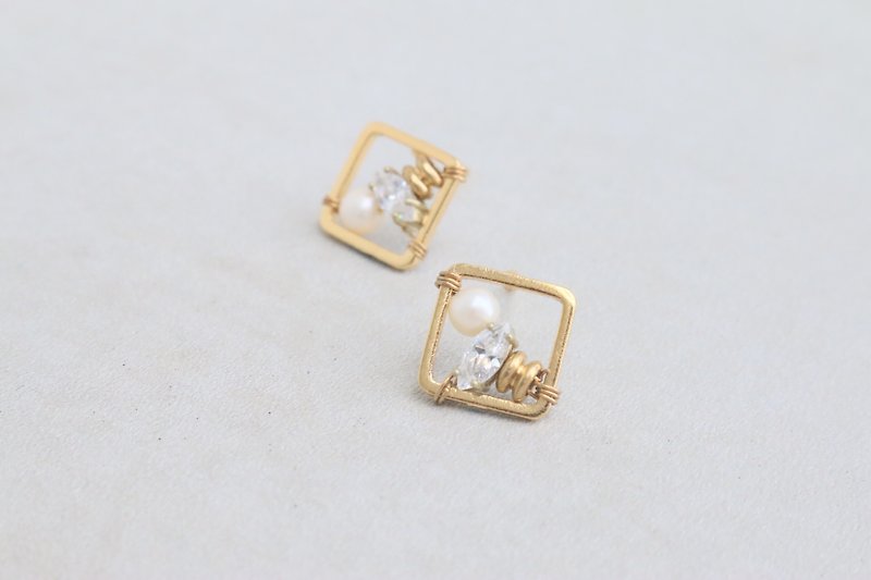 天然珍珠  锆石 黄铜 耳环 1025 等等 - 耳环/耳夹 - 宝石 金色