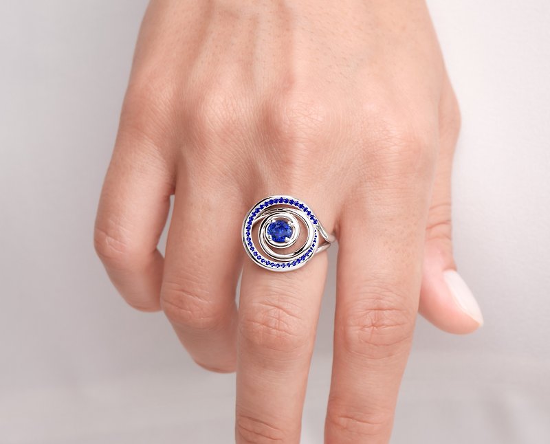 蓝宝石螺旋求婚订婚钻石戒指套装 14k白金圆环新娘结婚2合1指环 - 戒指 - 贵金属 蓝色