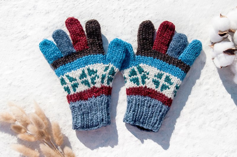手织羊毛针织手套/针织纯羊毛保暖手套/全趾手套-蓝绿北欧费尔岛 - 手套 - 羊毛 多色