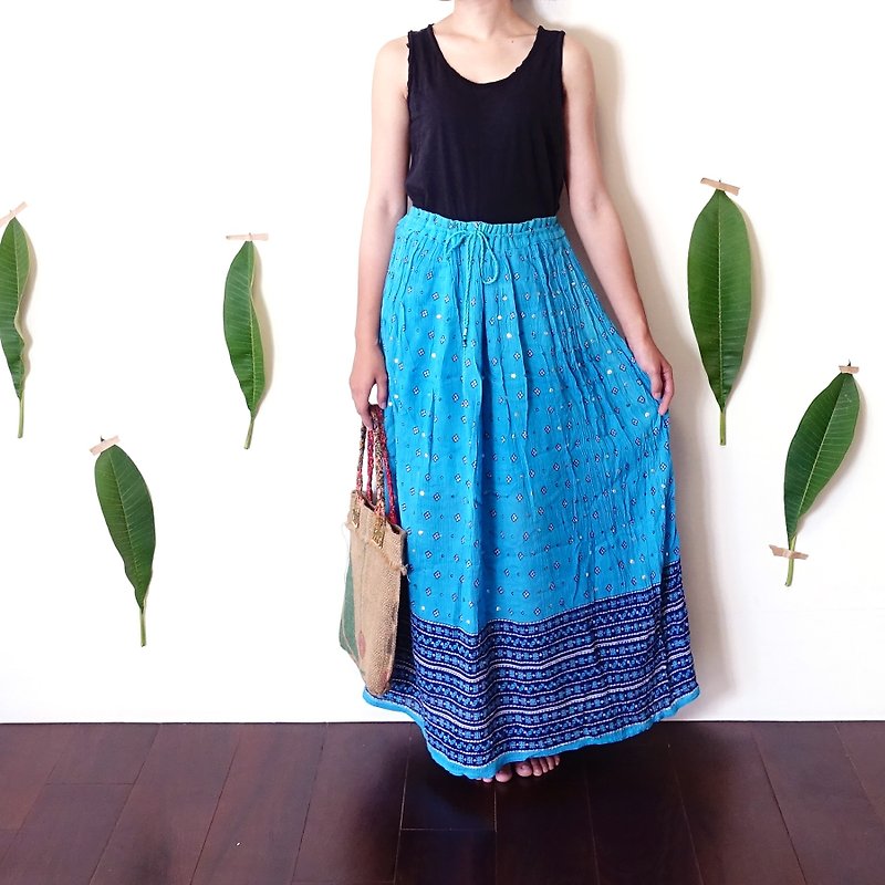 BajuTua/古着/ 70's 嬉皮天蓝色图腾印度舞裙 - 裙子 - 聚酯纤维 蓝色