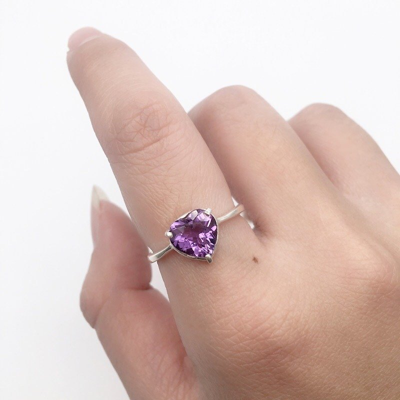 紫水晶925纯银心形宝石戒指 尼泊尔手工镶嵌制作 - 戒指 - 宝石 紫色