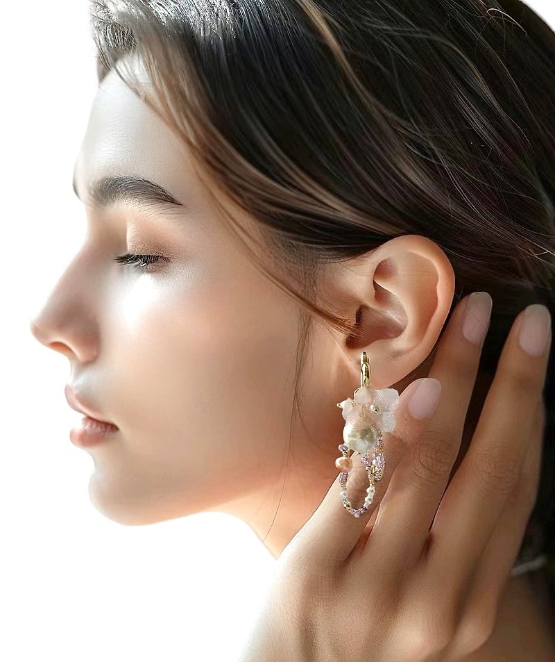 夏日耳饰 日本米珠天然石珍珠耳环 心型耳环 一款两戴法 - 耳环/耳夹 - 珍珠 粉红色