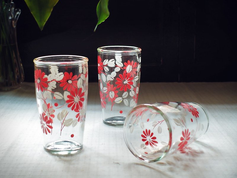 早期印花水杯-红菊白叶 (餐具/旧货/老物/花朵/精致/玻璃) - 茶具/茶杯 - 玻璃 红色