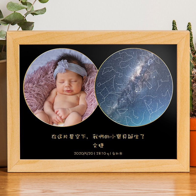 定制化宝宝周岁礼物婴儿生日礼盒A4木铝框根据日期地点的真实星空 - 画框/相框 - 纸 黑色