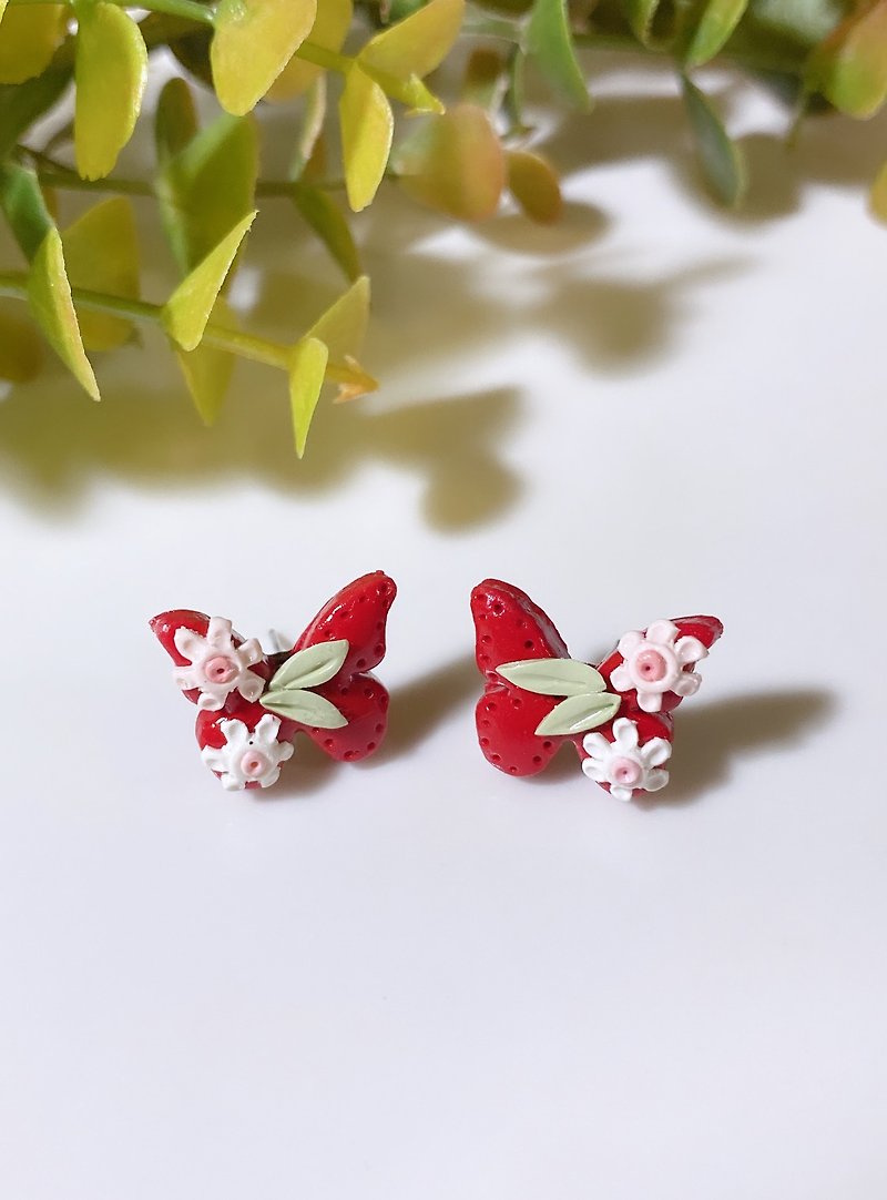 手工耳环，小蝴蝶 - 耳环/耳夹 - 粘土 红色