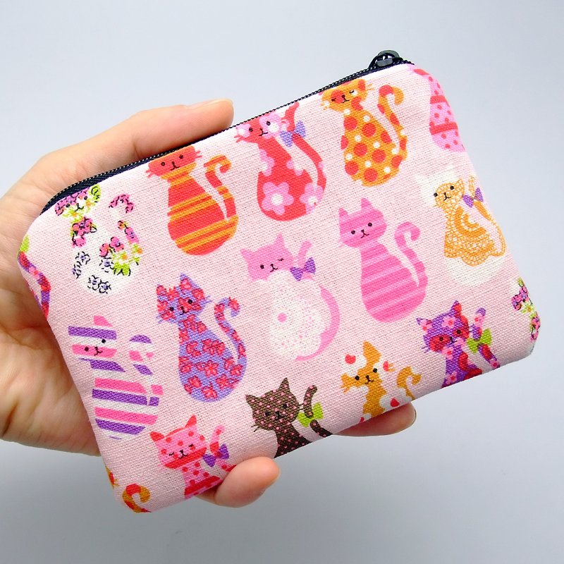 拉链零钱包，卡片包，钥匙包，耳机包，小物包 - 粉红猫咪 (ZS-72) - 零钱包 - 棉．麻 粉红色