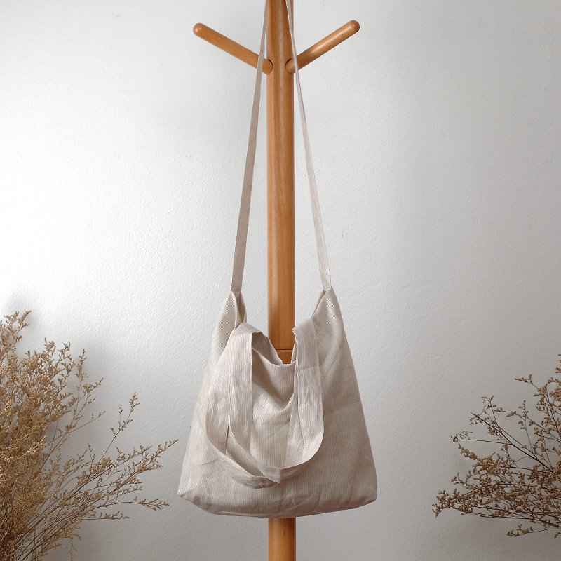 Beige Tiny Striped Linen Tote Bag - 侧背包/斜挎包 - 亚麻 卡其色