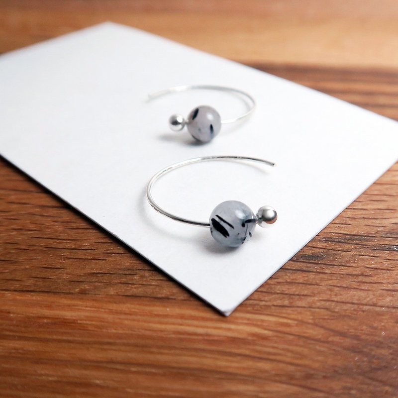 黑发晶 新月耳环(大)-925纯银天然石耳针 - 耳环/耳夹 - 纯银 银色