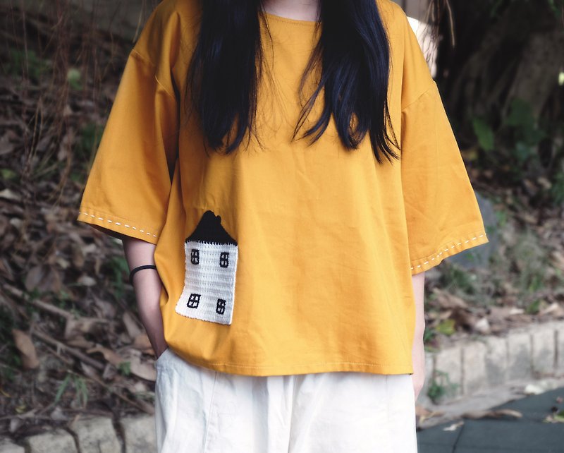 芥黄色毛线编织小屋 日式短版上衣 - 女装上衣 - 棉．麻 橘色