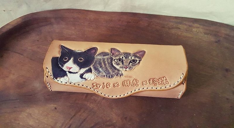 专属定制两只猫咪彩色笔盒/眼镜盒 (订做情人、生日送礼) - 铅笔盒/笔袋 - 真皮 橘色