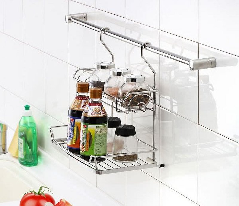 304不锈钢制调味料罐架　挂杆可用　厨房收纳架 - 置物架/篮子 - 不锈钢 银色