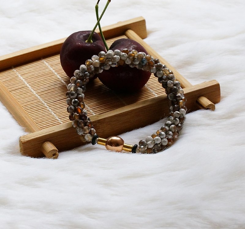 Kumihimo手织日本玻璃珠 + 切面玛瑙手錬 SPS-04 ( Handmade Kumihimo Faceted Agate Bracelet ) - 手链/手环 - 宝石 卡其色