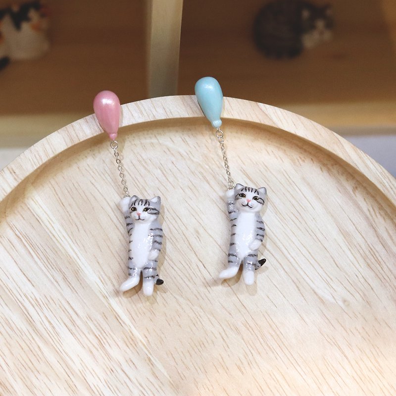 灰色虎斑猫气球耳环、吊坠和吊式耳环、气球猫耳环 - 耳环/耳夹 - 粘土 橘色