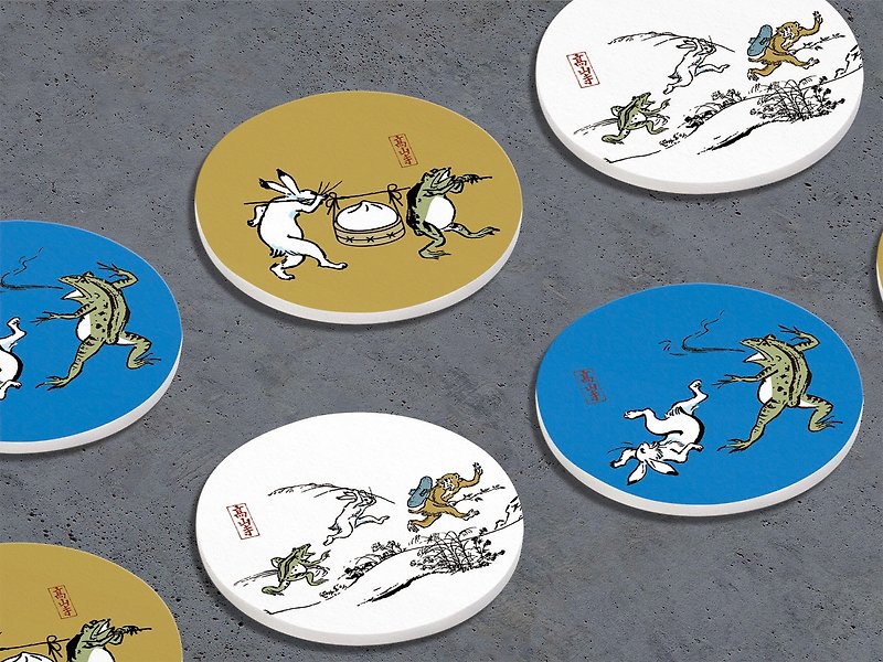 鸟兽戏画-陶瓷吸水杯垫-3款 日本高山寺 古老漫画 - 杯垫 - 陶 