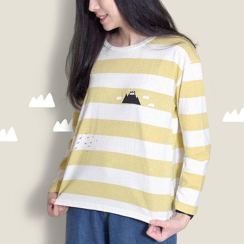 【最后一件】温柔大山－芥黄条纹宽宽T - 女装 T 恤 - 棉．麻 黄色