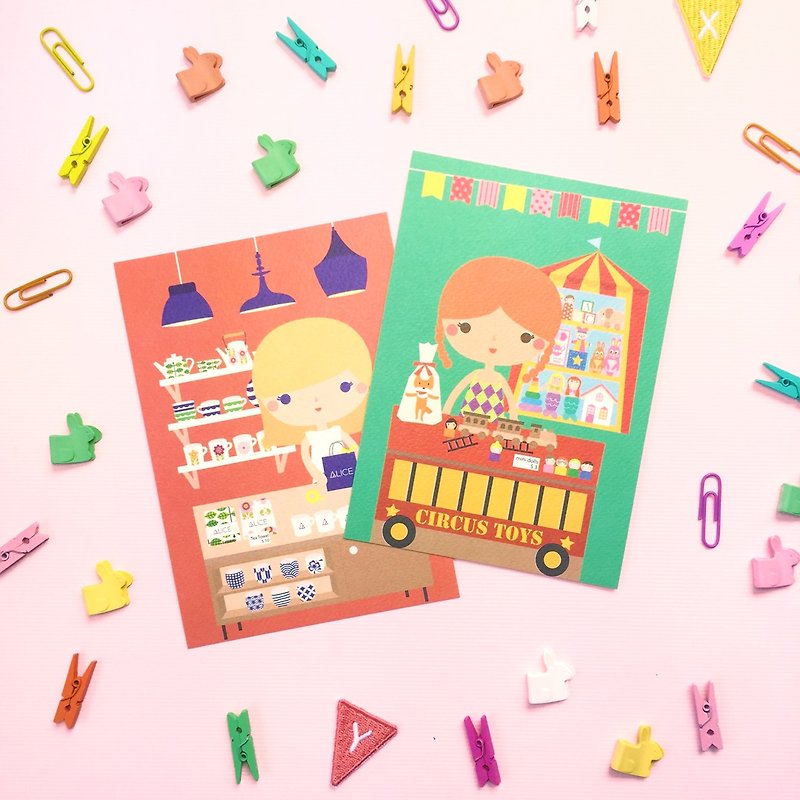 [女孩与她的店] elizabeth's 的玩具店 + alice 的餐具店 - 明信片组 - 卡片/明信片 - 纸 多色