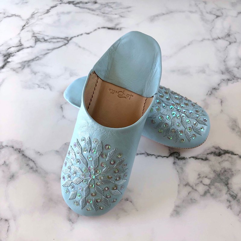 手縫い刺繍の上品バブーシュ (slippers)　フヌン　AQUA - 室内拖鞋 - 真皮 蓝色