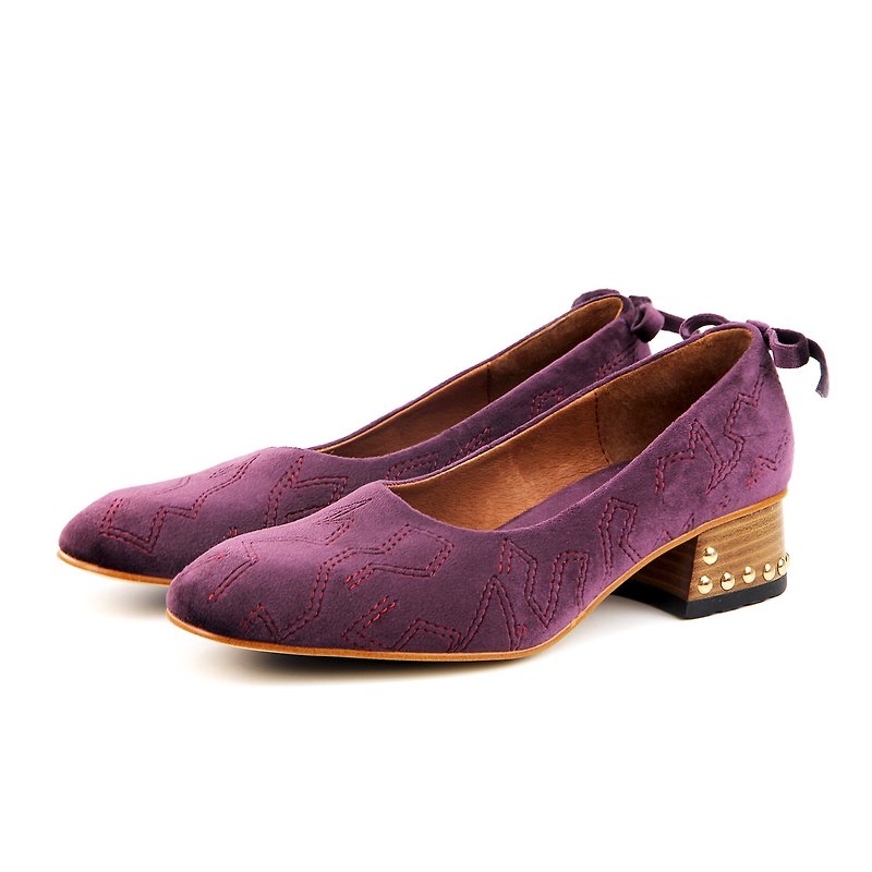 Sweet Villians W1061 手工真皮粗跟鞋 紫色 - 高跟鞋 - 棉．麻 紫色