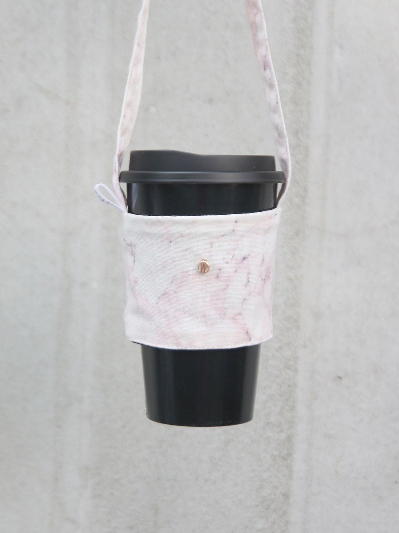 粉嫩大理石 环保提袋 杯套 定制化  专属你的英文吊牌 - 随行杯提袋/水壶袋 - 棉．麻 粉红色