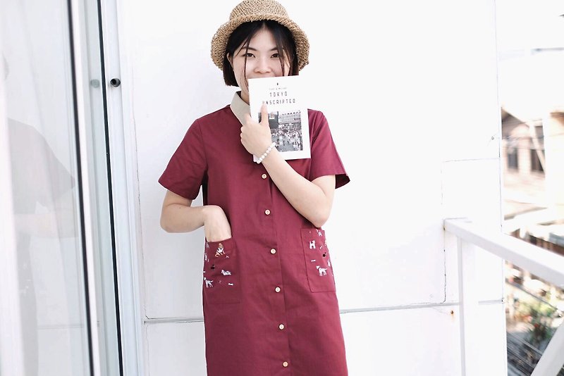 Shirt Dress (DOG) - Burgundy - 洋装/连衣裙 - 绣线 红色