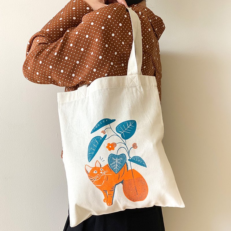トートバッグ 猫ちゃんと植物 B5サイズ -オレンジ×ラムネ- - 手提包/手提袋 - 棉．麻 橘色