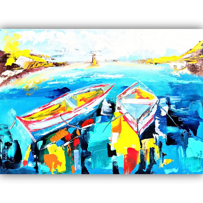 棉．麻 海报/装饰画/版画 多色 - Boat Painting, Seascape Original Art ,Sailboat Painting ,Travel Artwork Home Art