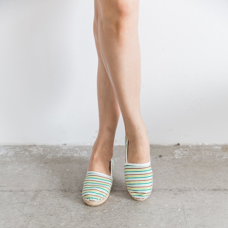 日本制布料左右脚不分草编鞋--条纹嫩叶绿 - 女款休闲鞋 - 棉．麻 绿色