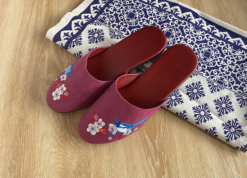 室内拖鞋 - 喜上眉梢(紫红色) - 室内拖鞋 - 棉．麻 红色