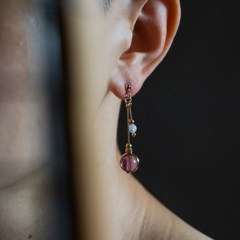 紫萤石条纹玛瑙卫星耳环 - 可制作夹式 - 耳环/耳夹 - 铜/黄铜 黑色