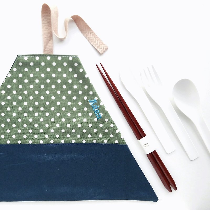 餐具袋 餐具套 (墨绿圆点) | 自选素色面料 | 定制化 绣字 - 筷子/筷架 - 棉．麻 蓝色