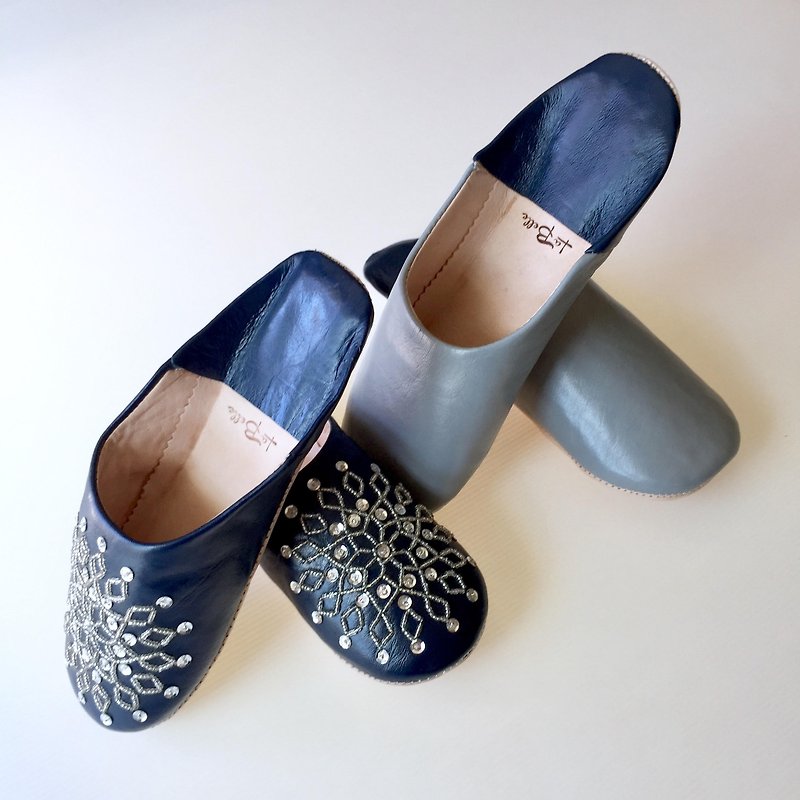 Babouche slippers バブーシュ ドゥミ グレーとノアラネイビー　セット - 其他 - 真皮 蓝色